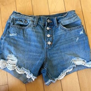 Old Navy Girls Distressed Button Fly Denim Cutoffs with Lace Insets